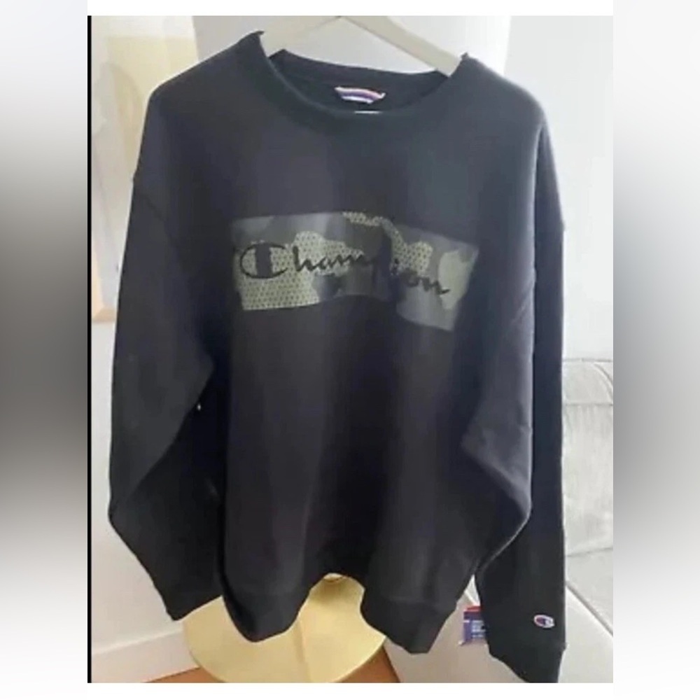 Champion Crew Fleece Black Camu Logo Skater Streetwear Oversized Sweatshirt L